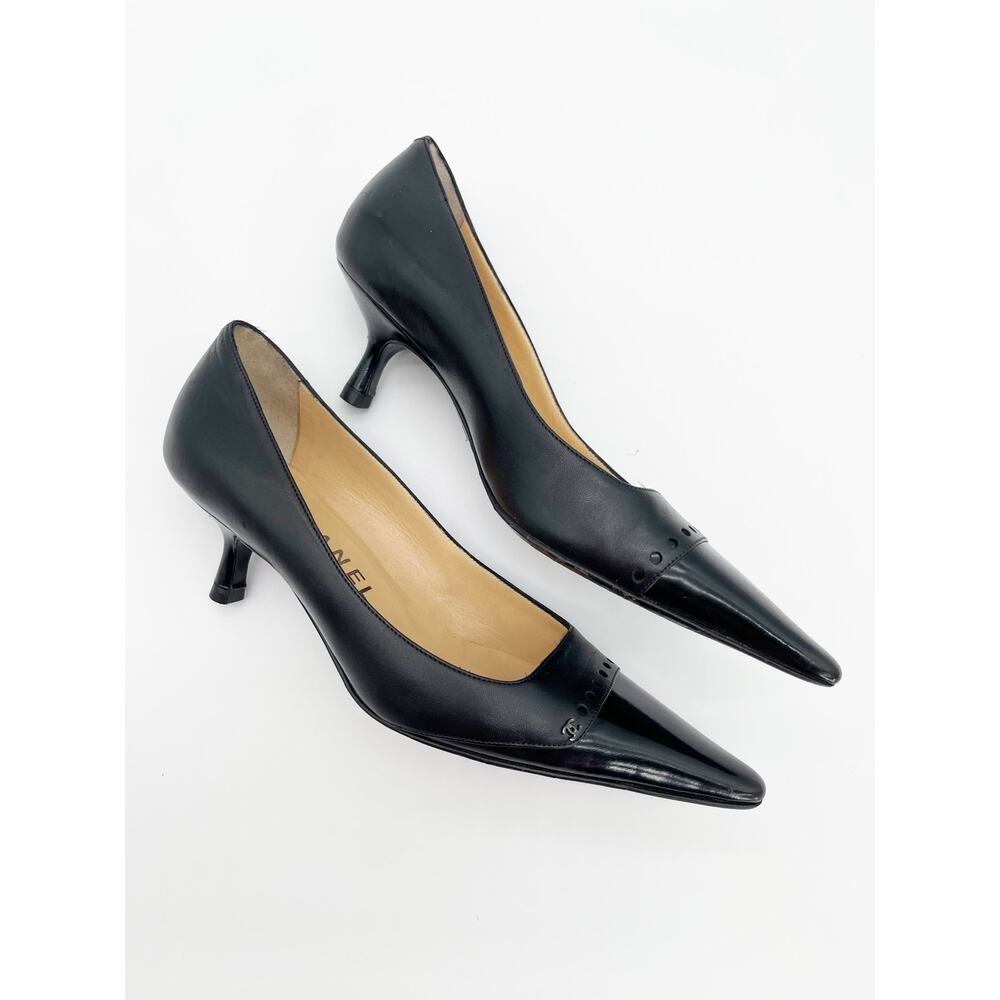Chanel Vintage Black Leather Cap Toe CC Logo Kitten Heel Pointed Pumps EU 36.5 - Picture 4 of 14